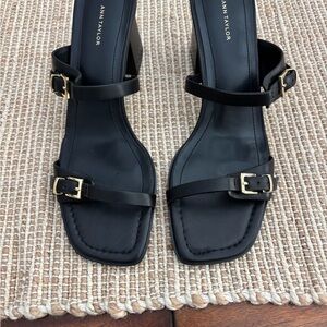 New Ann Taylor Black Heeled Sandals with Gold Buckles. Never Worn.